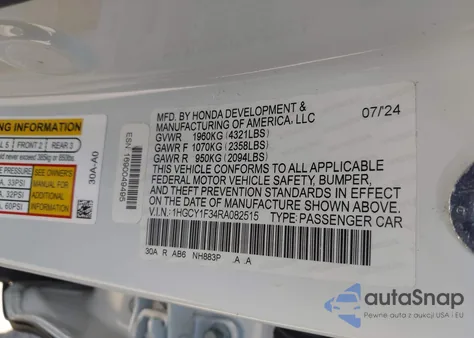 2024 Honda Accord Ex z USA, uszkodzony, nr VIN 1HGCY1F34RA082515
